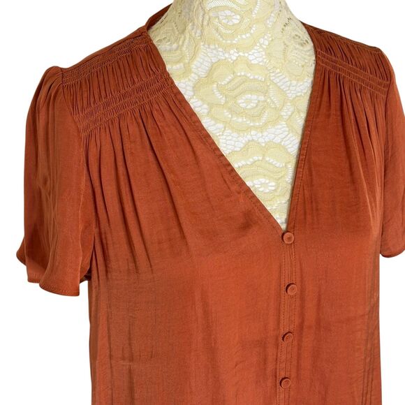 Maison d Amelie Smocked Blouse Shirt Top V Neck Orange XS NWT - Picture 2 of 6